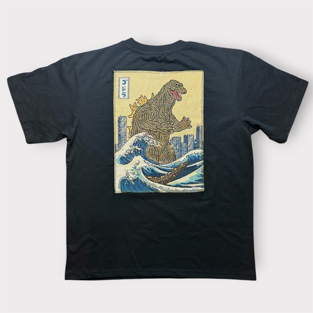 Godzilla Great Wave Tapestry Patch Graphic T-Shirt Black Mens Large Kaiju Tee